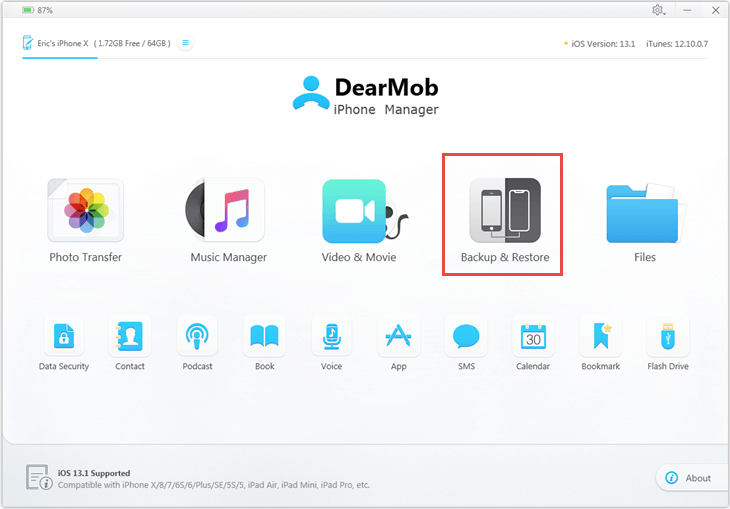 DearMob iPhone Manager Main UI