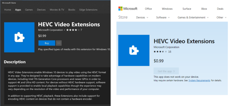 HEVC extension Windows 10 free vs paid