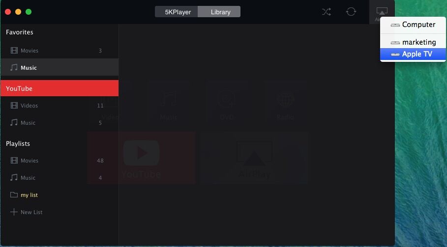 5KPlayer 4K Streaming Popup Menu