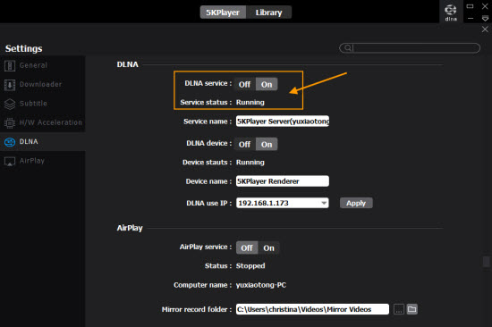 5KPlayer DLNA server