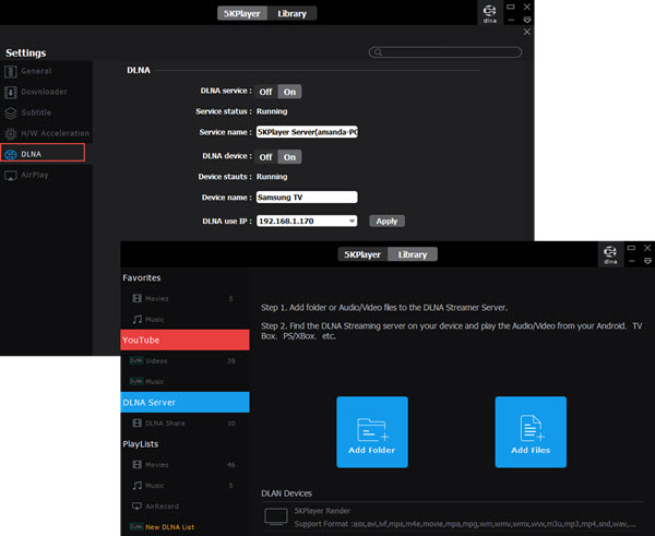 enable DLNA to turn 5KPlayer as a DLNA server