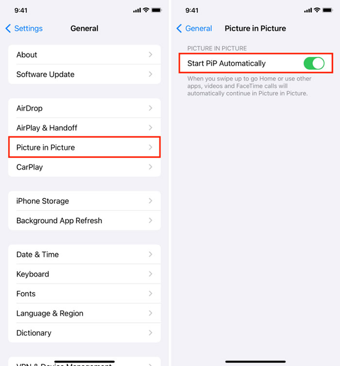 Auto PiP option in iOS Settings