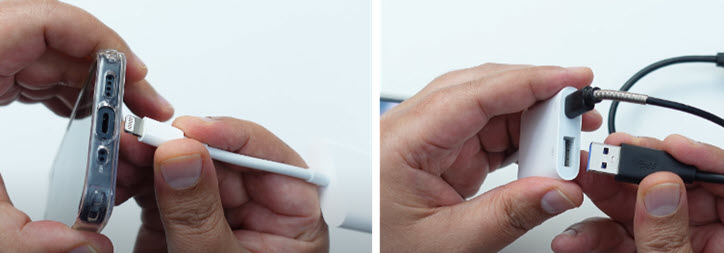 Connect Lightning-to-USB adapter to iPhone