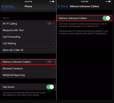 Turn off Silence Unknown Callers