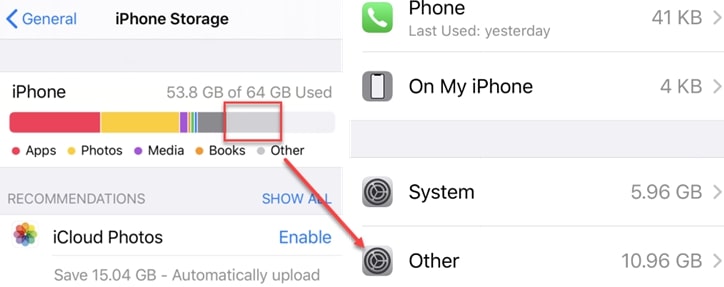 iPhone Storage Other Category in Settings