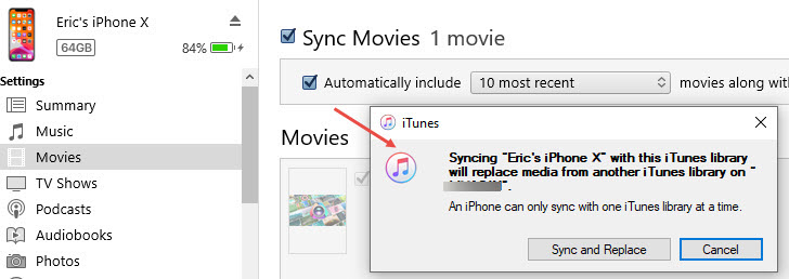 iTune altert to erase video because iPhone is synced with another iTunes Library