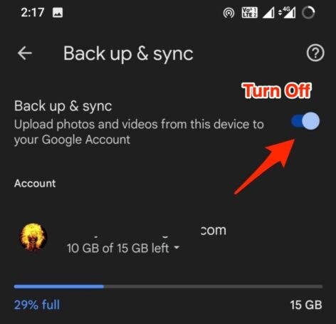 Turn Off Back up and Sync