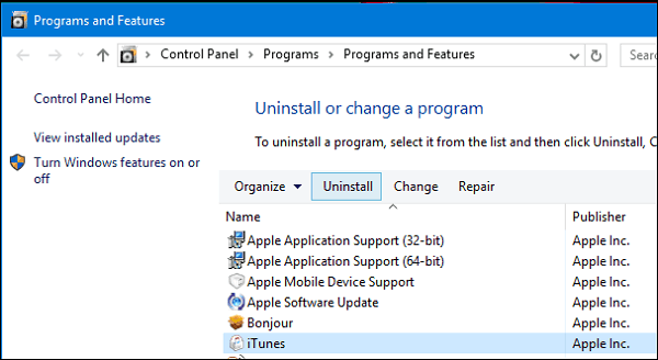 Uninstall iTunes Windows 10