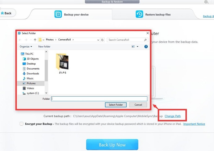 Click Change Path to Relocate iPhone Backup