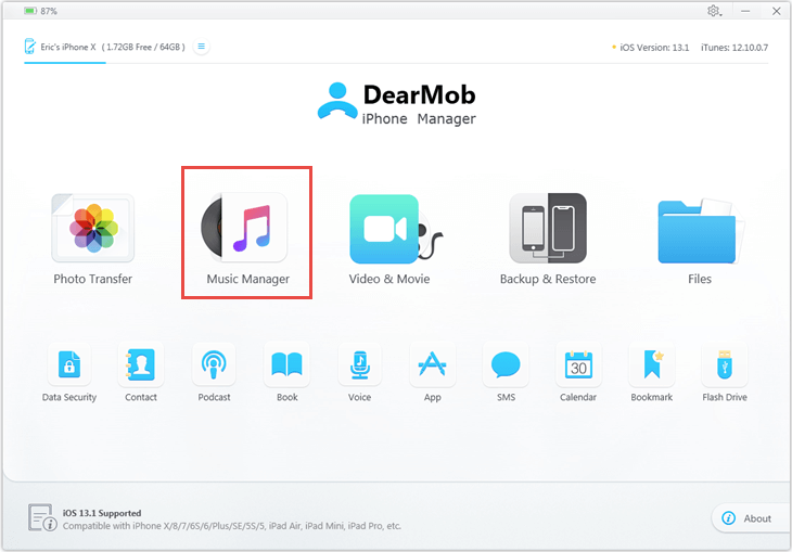 DearMob iPhone Manager Main UI