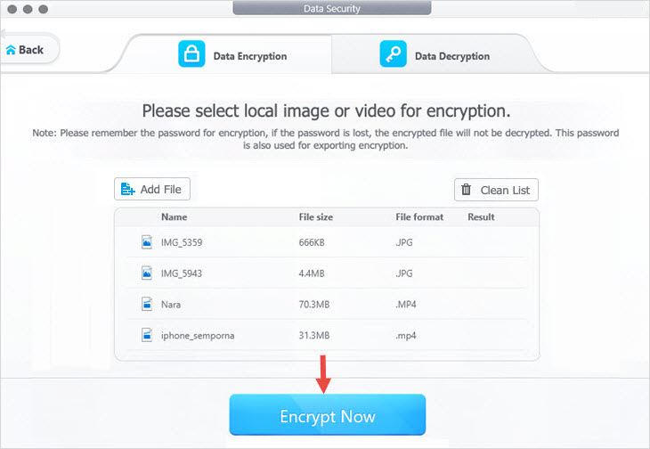 Add file for encryption on Mac