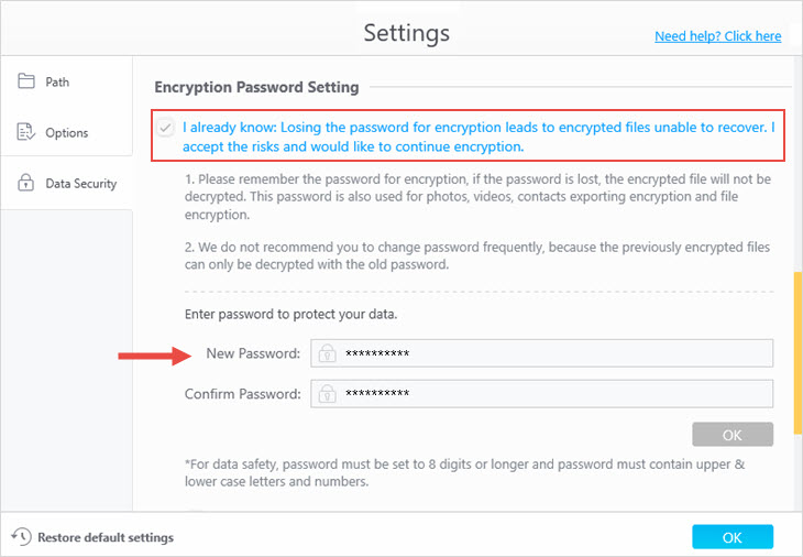 Set password for encryption