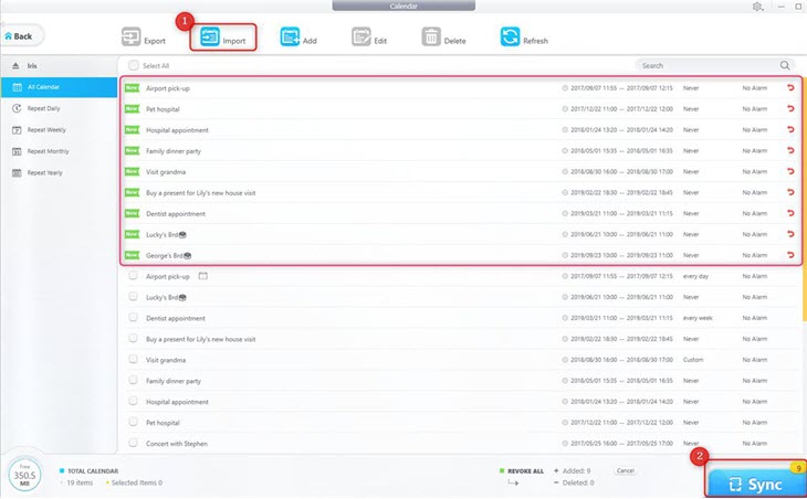 Import calendar from pc