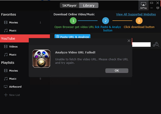 Slove 5KPlayer YouTube Download not Working problem