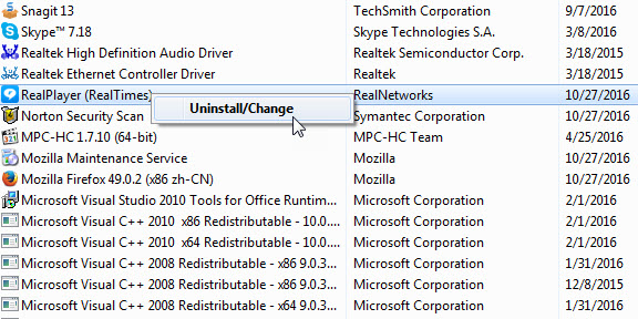 Uninstall RealPlayer for Windows