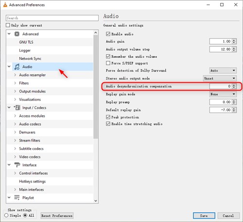 adjust VLC audio delay