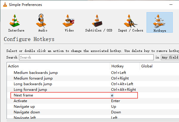 VLC Frame by Frame Hotkeys